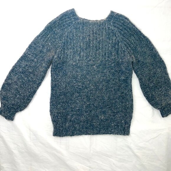 Hand Knit Sweater Womens Crew Neck Knit Cuff Metallic Thread Blue Silver - Picture 14 of 14